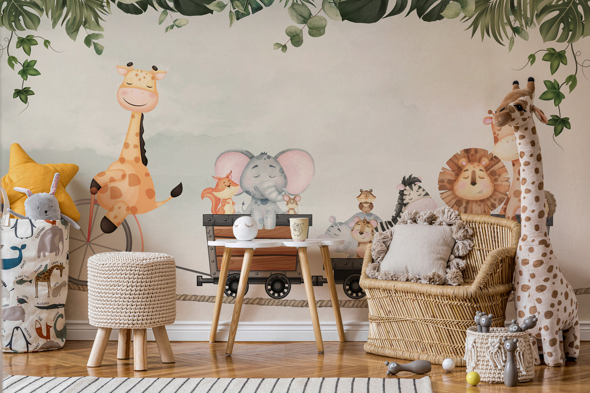 Giraffe Bicycle Train Wallpaper : Jungle Friends Nursery Mural - View 5