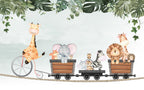 Giraffe Bicycle Train Wallpaper : Jungle Friends Nursery Mural - flat design