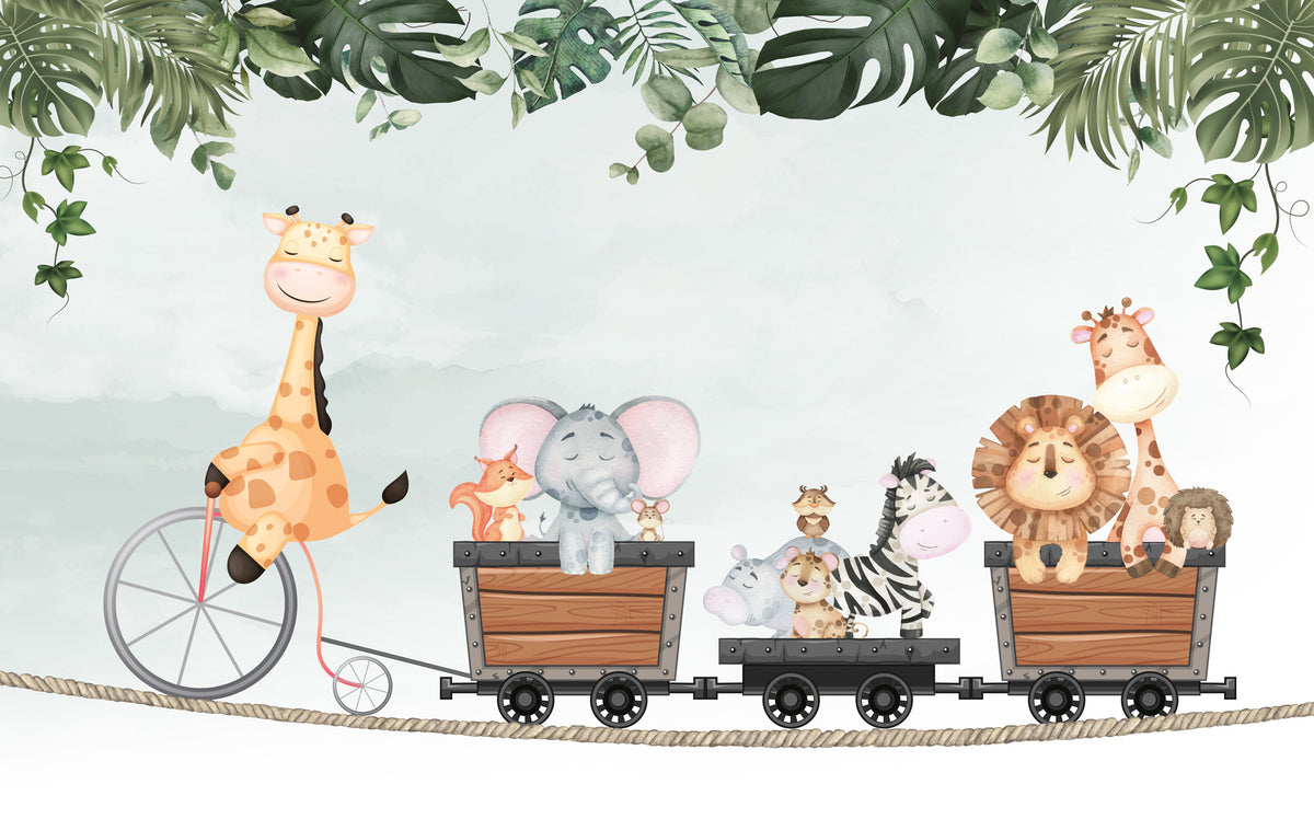 Giraffe Bicycle Train Wallpaper : Jungle Friends Nursery Mural - flat design