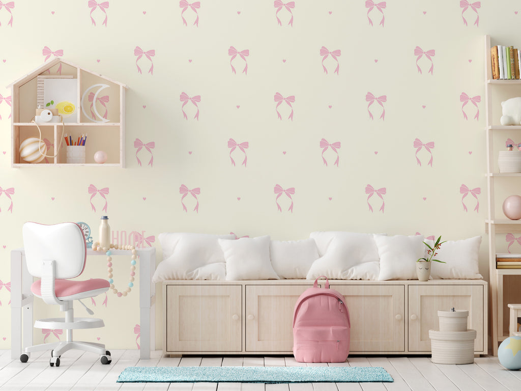 Minimal Bow Wallpaper : Blush Pink Ribbon Pattern Nursery Mural - View 3