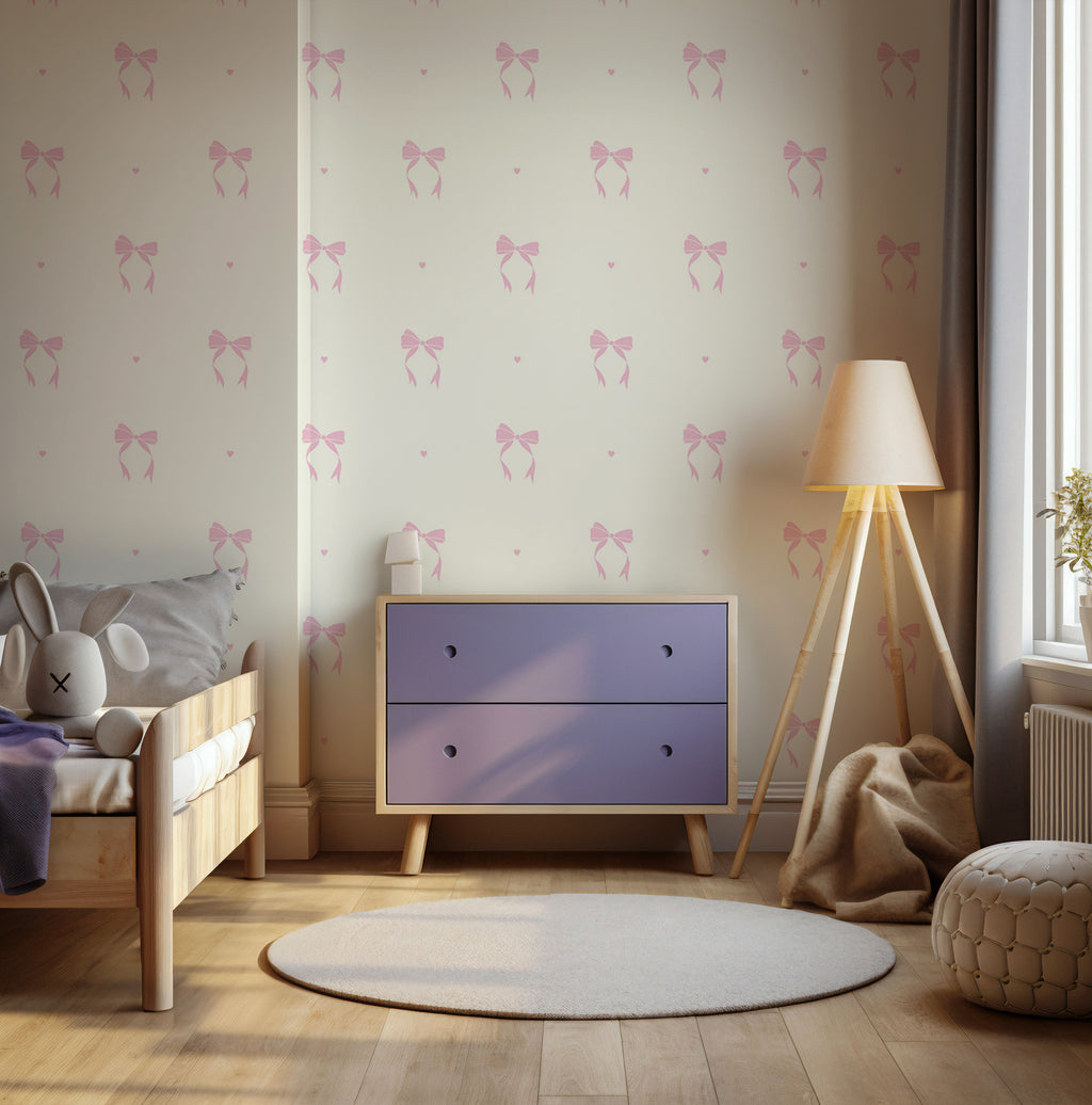 Minimal Bow Wallpaper : Blush Pink Ribbon Pattern Nursery Mural - View 4