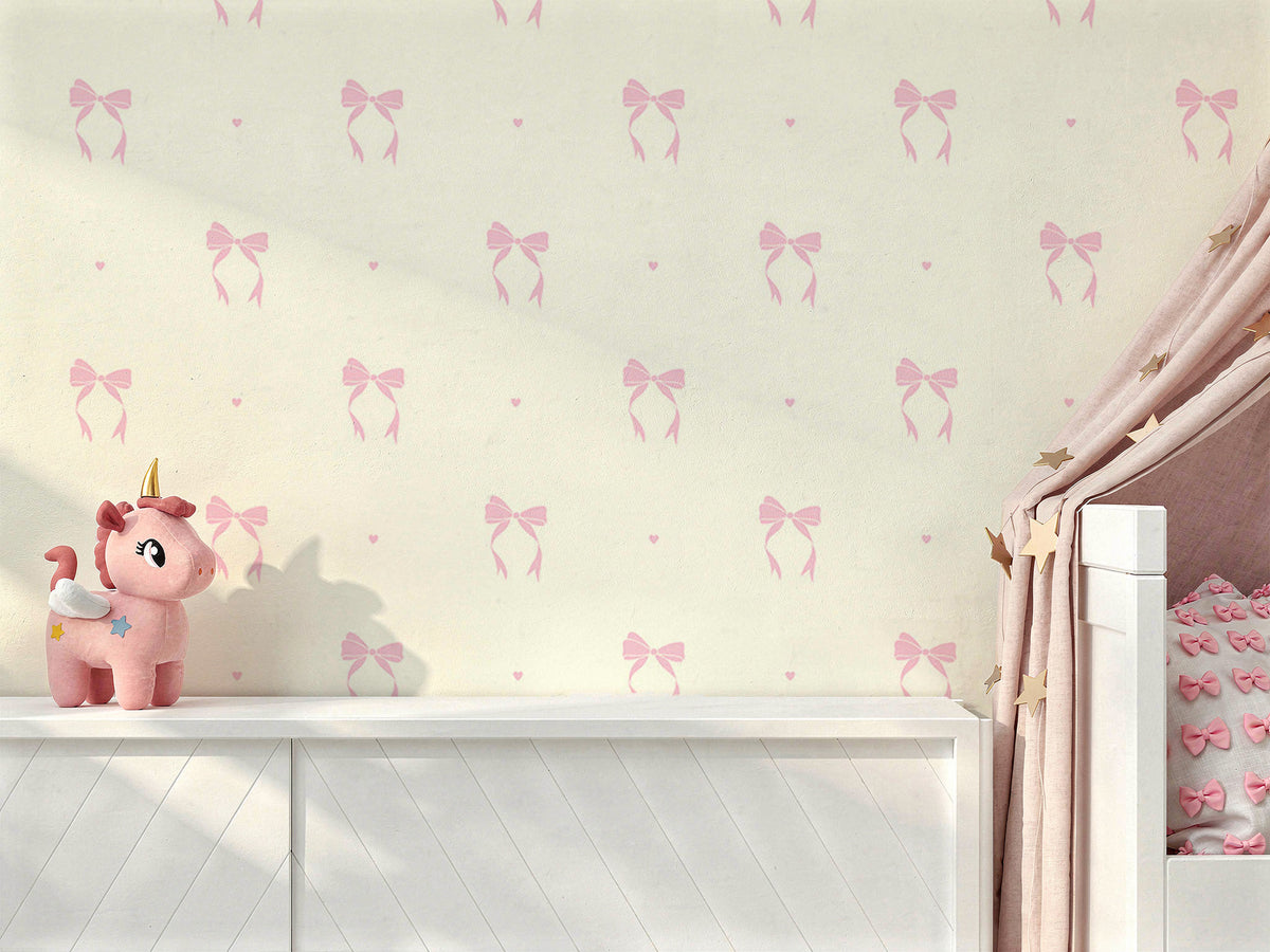 Minimal Bow Wallpaper : Blush Pink Ribbon Pattern Nursery Mural - View 5