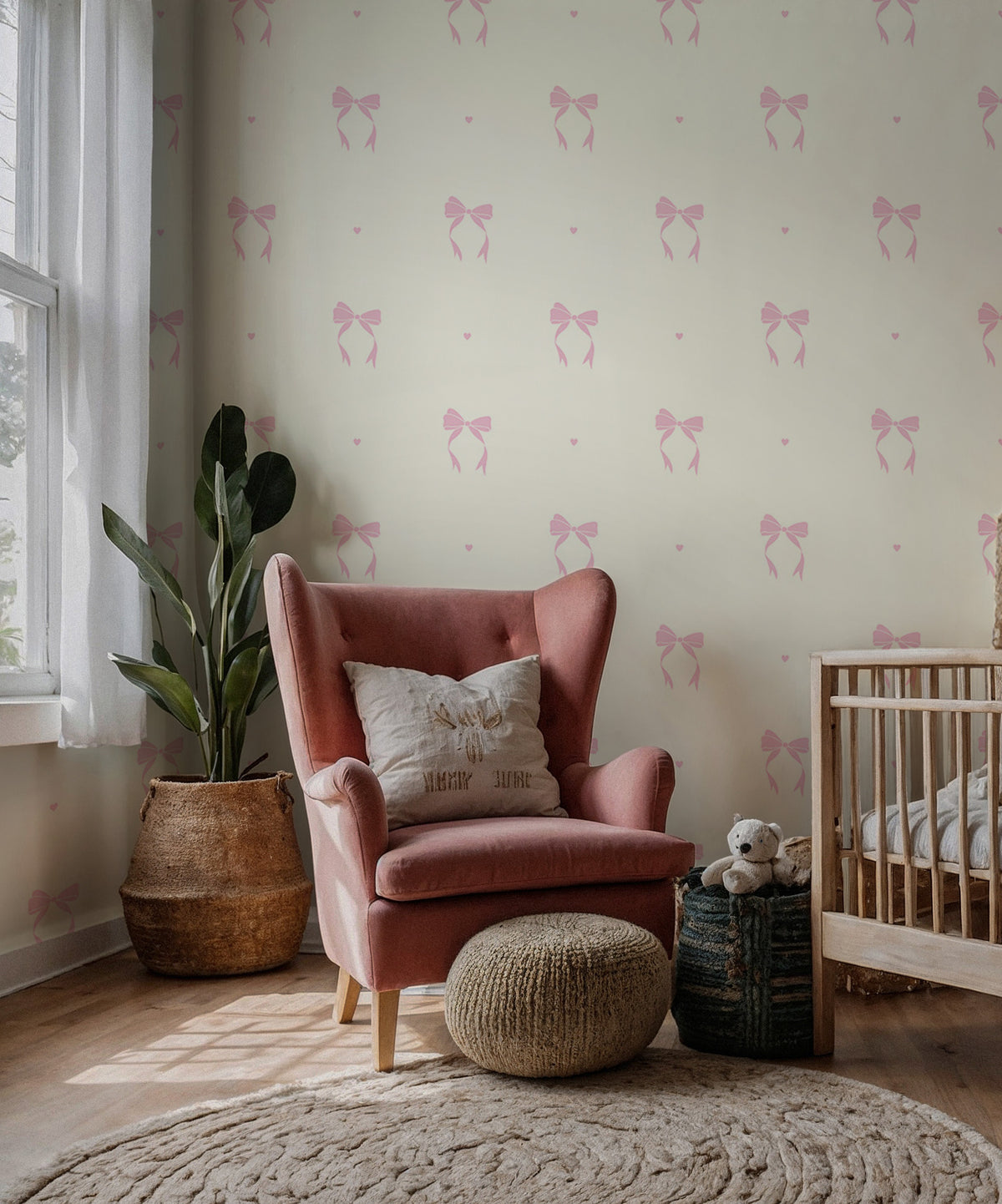 Minimal Bow Wallpaper : Blush Pink Ribbon Pattern Nursery Mural