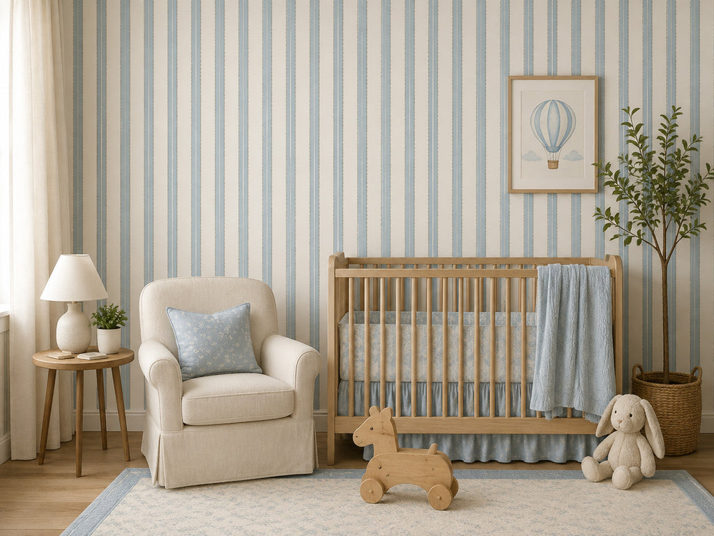 Blue and Cream Stripe Wallpaper : Classic Vertical Line Wall Mural - View 4