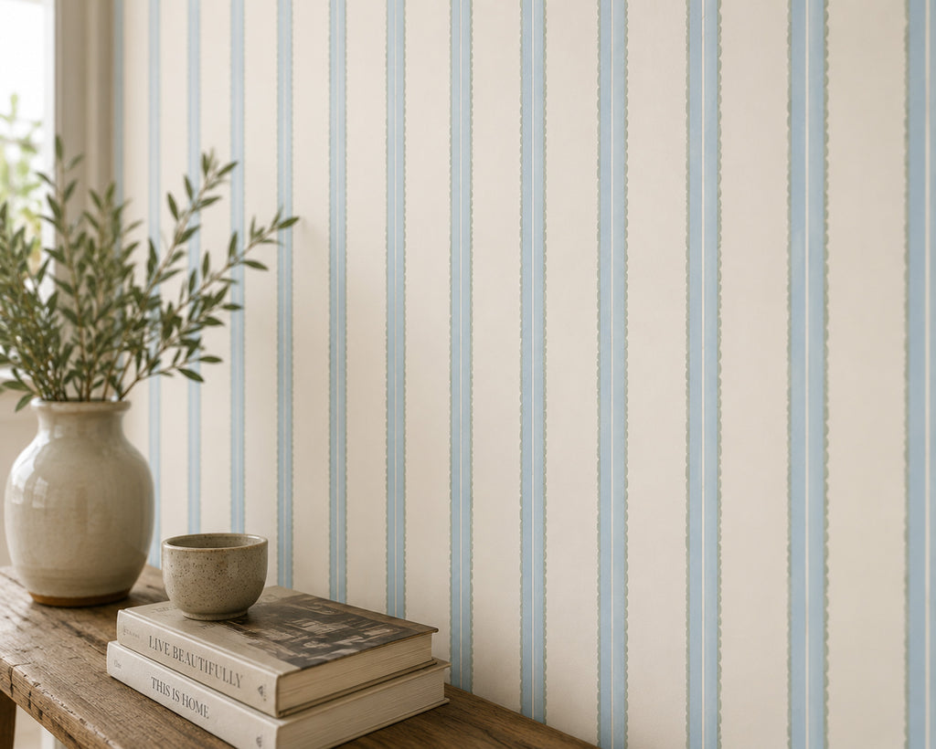 Blue and Cream Stripe Wallpaper : Classic Vertical Line Wall Mural - View 5