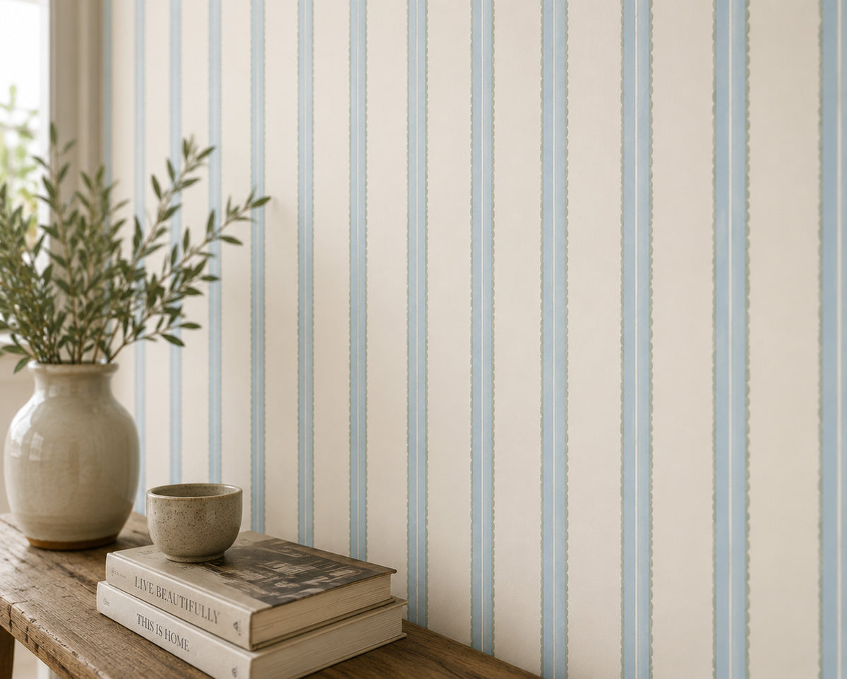 Blue and Cream Stripe Wallpaper : Classic Vertical Line Wall Mural - View 5