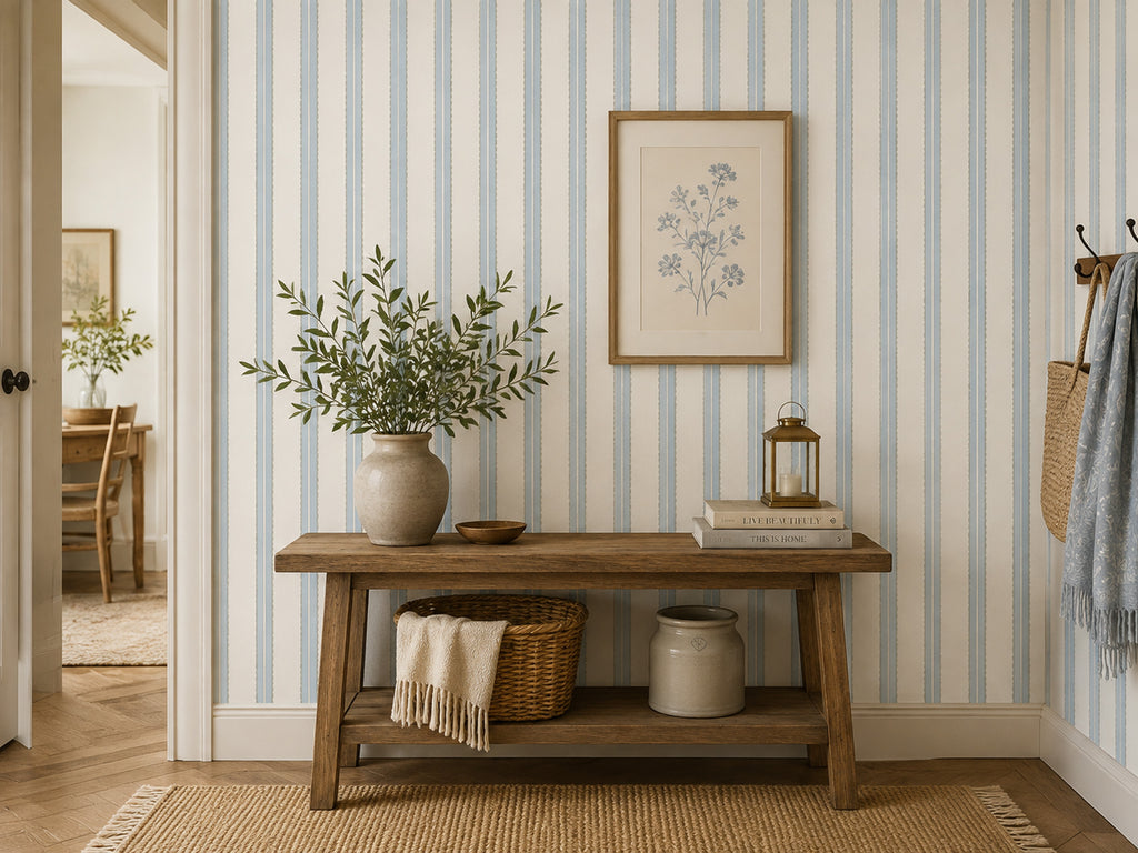 Blue and Cream Stripe Wallpaper : Classic Vertical Line Wall Mural