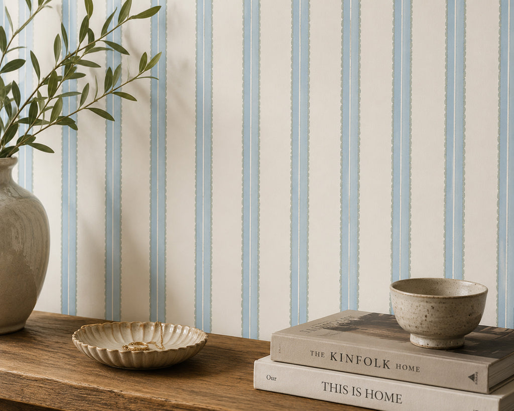Blue and Cream Stripe Wallpaper : Classic Vertical Line Wall Mural - View 3