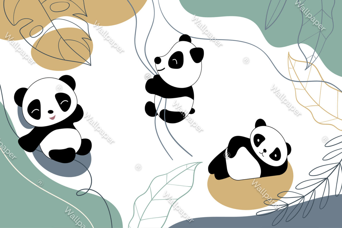 Panda Wallpaper : Swinging Pandas Kids Mural - flat design
