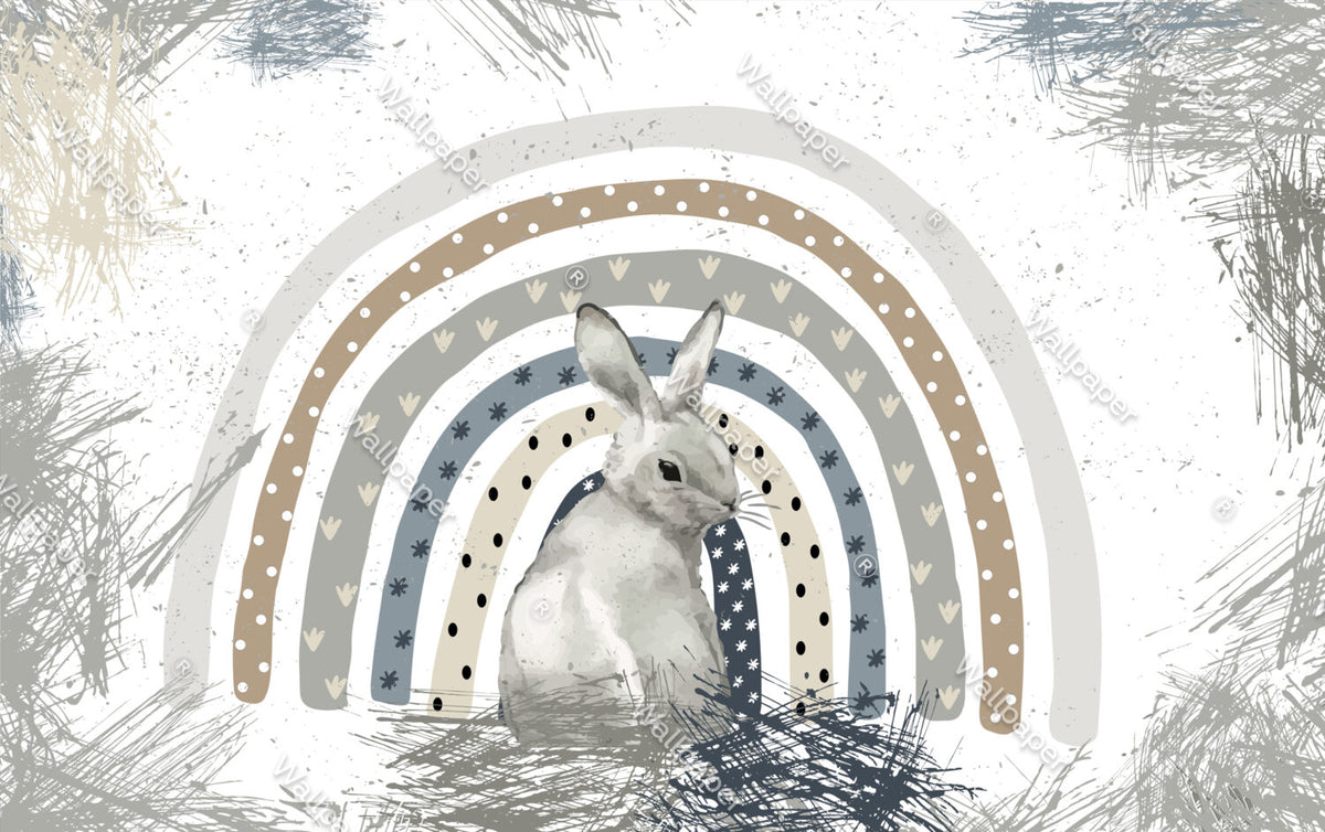Bunny Rainbow Wallpaper : Grey Rabbit Nursery Mural - flat design
