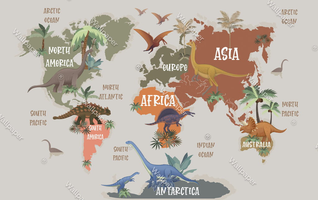 Dinosaur World Map Wallpaper : Kids Continents Mural - flat design