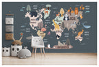 Animal World Map Wallpaper : Dark Kids Map Mural - View 3