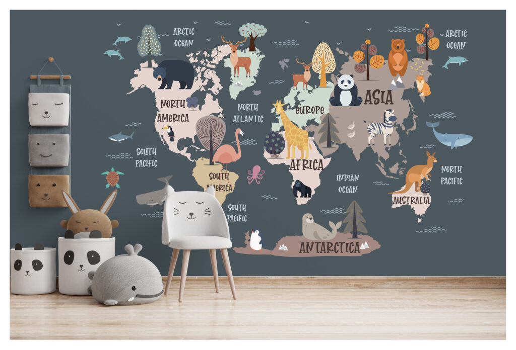 Animal World Map Wallpaper : Dark Kids Map Mural - View 3