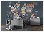 Animal World Map Wallpaper : Dark Kids Map Mural