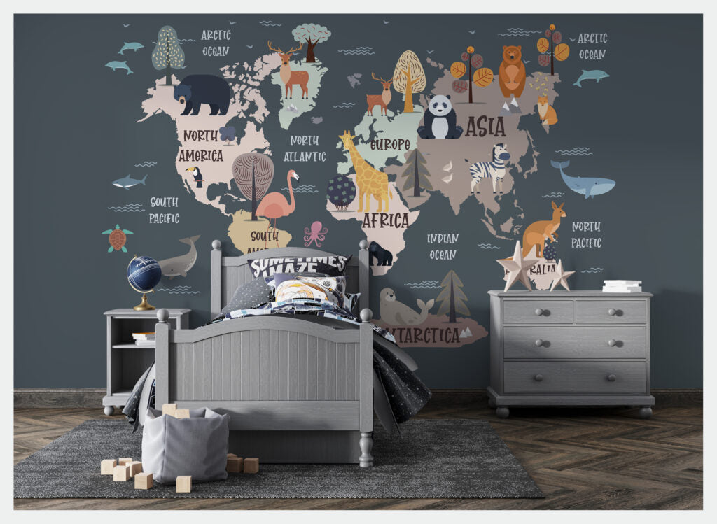 Animal World Map Wallpaper : Dark Kids Map Mural