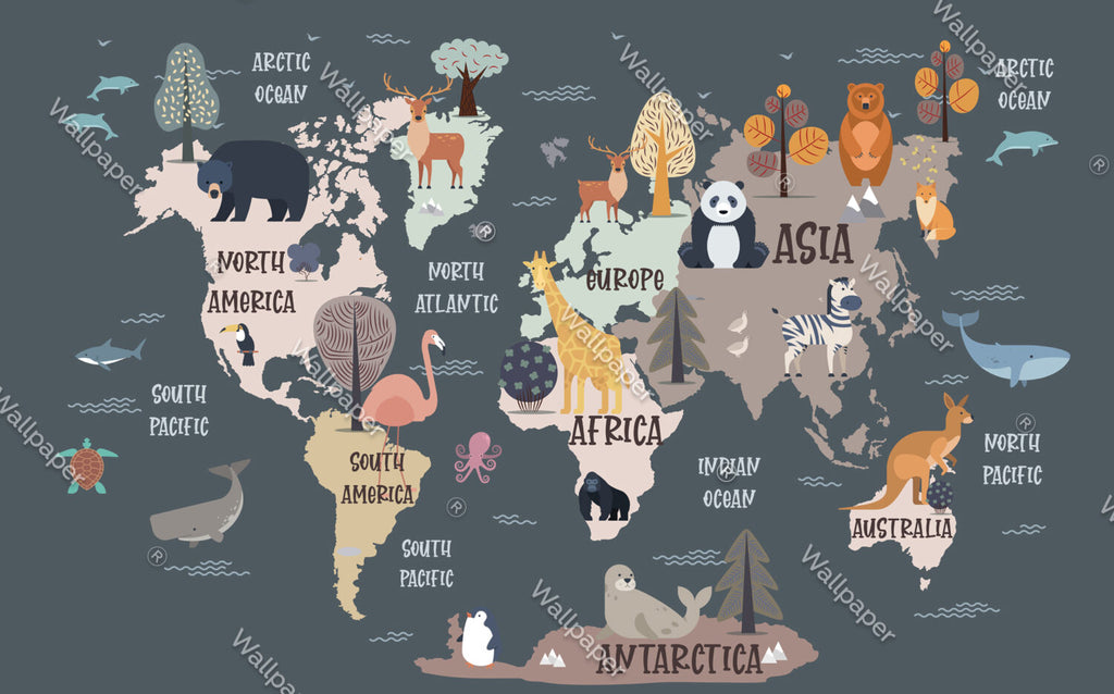 Animal World Map Wallpaper : Dark Kids Map Mural - View 2