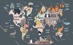 Animal World Map Wallpaper : Dark Kids Map Mural - View 2