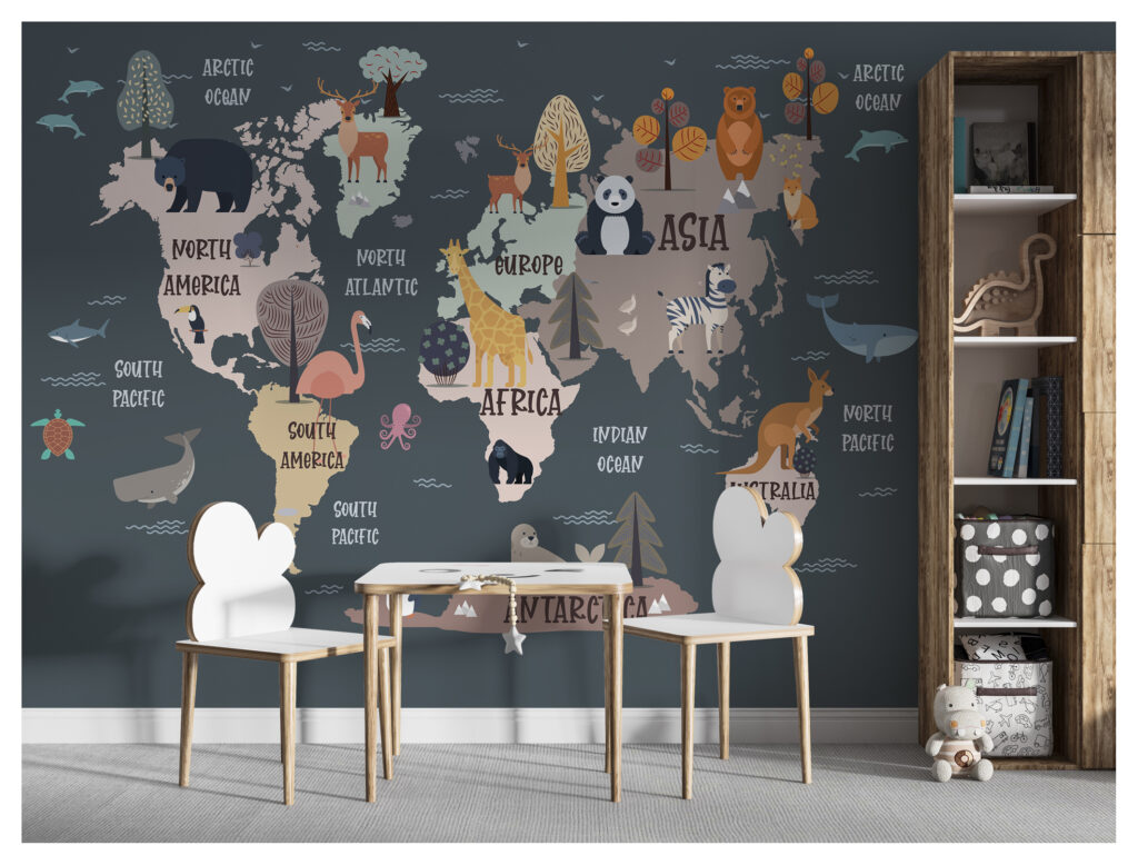 Animal World Map Wallpaper : Dark Kids Map Mural - View 6