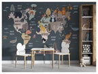Animal World Map Wallpaper : Dark Kids Map Mural - View 6