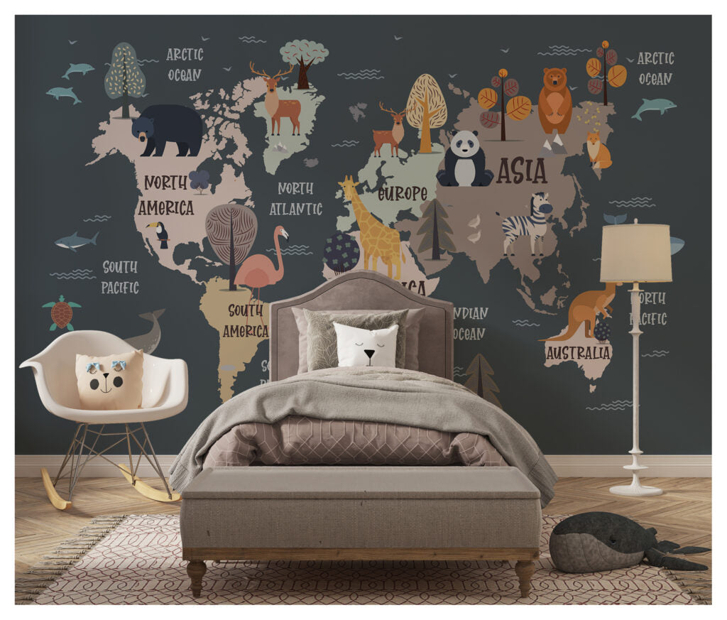 Animal World Map Wallpaper : Dark Kids Map Mural - View 5