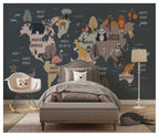 Animal World Map Wallpaper : Dark Kids Map Mural - View 5