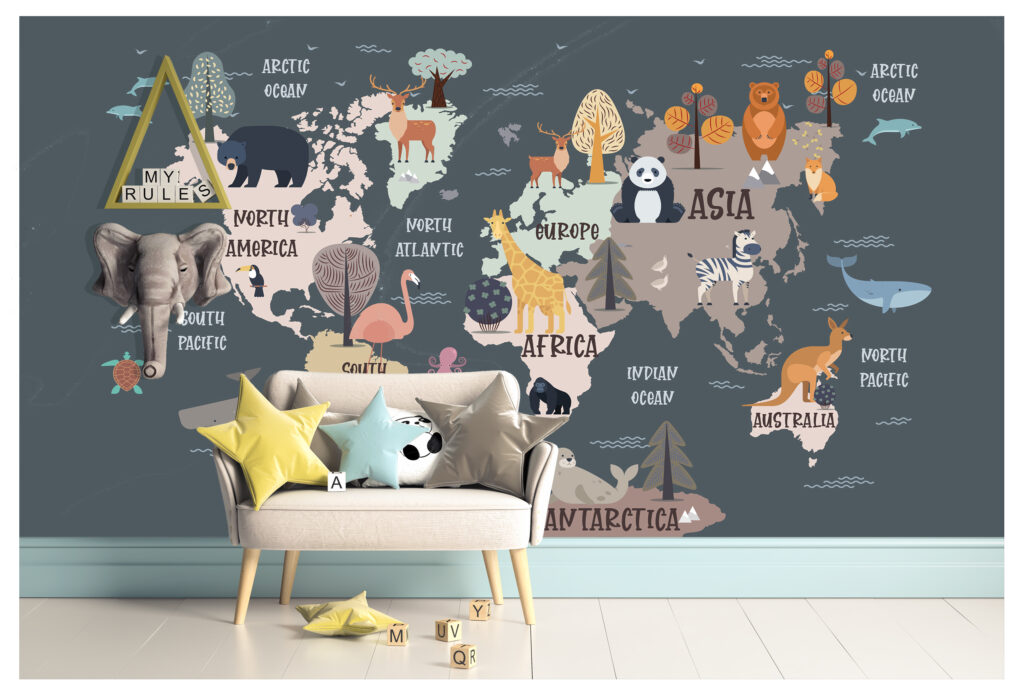 Animal World Map Wallpaper : Dark Kids Map Mural - View 4