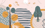 Boho Hills Wallpaper : Trees And Stripes Kids Mural - flat design