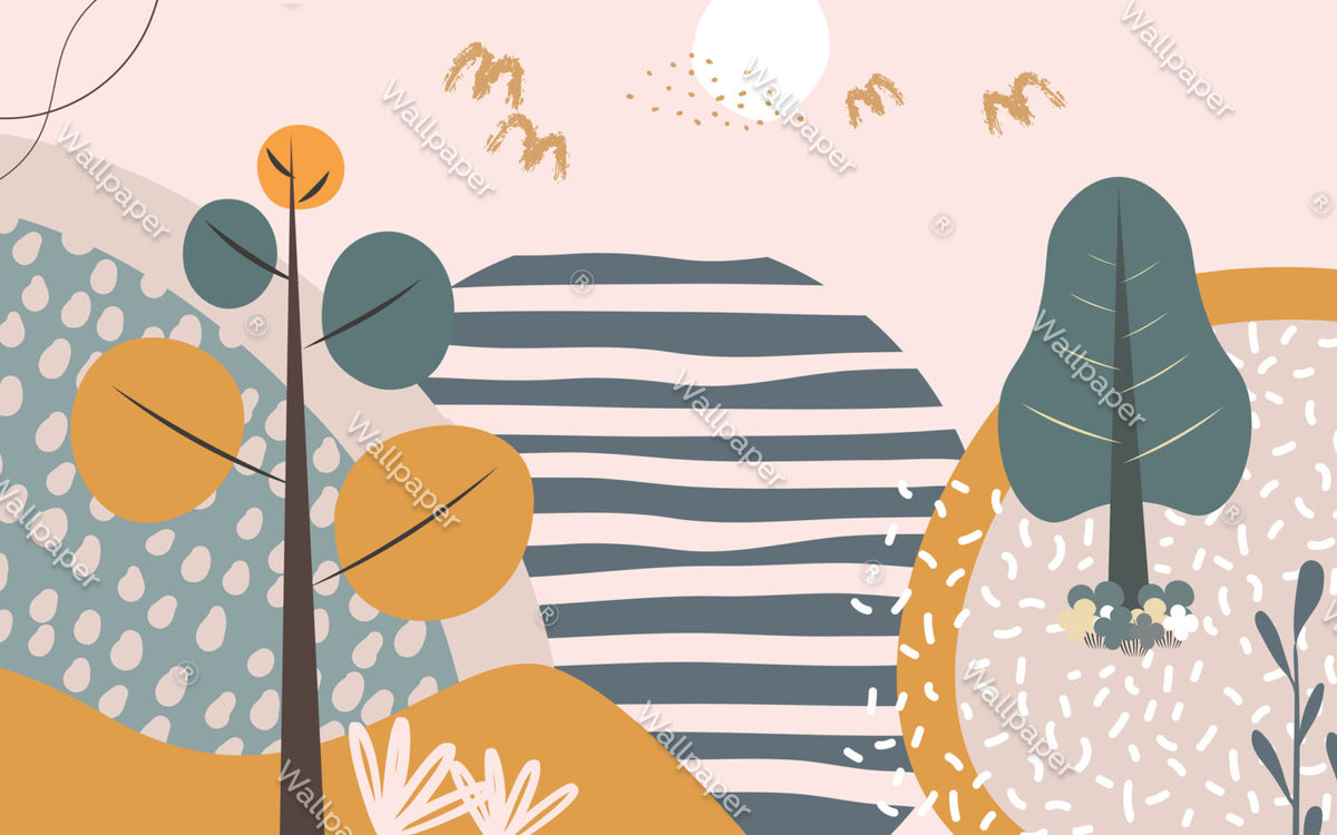 Boho Hills Wallpaper : Trees And Stripes Kids Mural - flat design