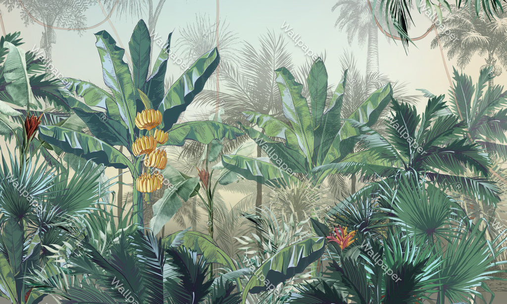 Banana Jungle Wallpaper : Lush Tropical Forest Mural - flat design