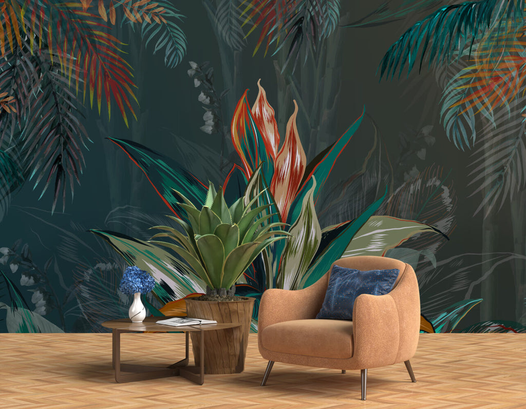 Watercolor Tropical Leaves Wallpaper : Bold Bromeliad Mural - View 4