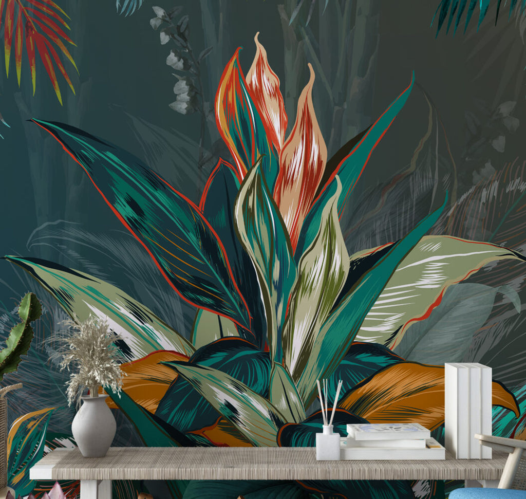 Watercolor Tropical Leaves Wallpaper : Bold Bromeliad Mural