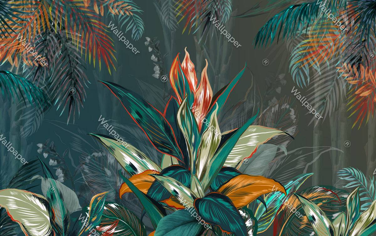 Watercolor Tropical Leaves Wallpaper : Bold Bromeliad Mural - flat design
