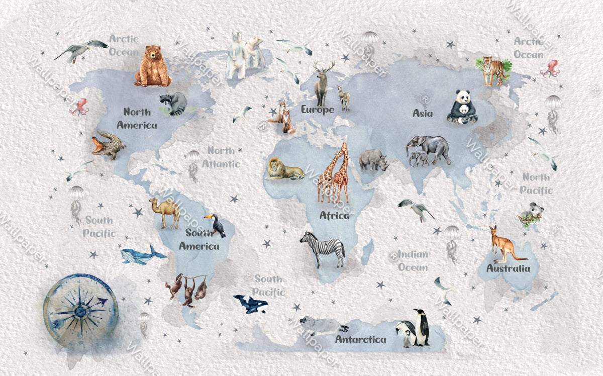 Compass World Map Wallpaper : Watercolor Animals Kids Mural - flat design