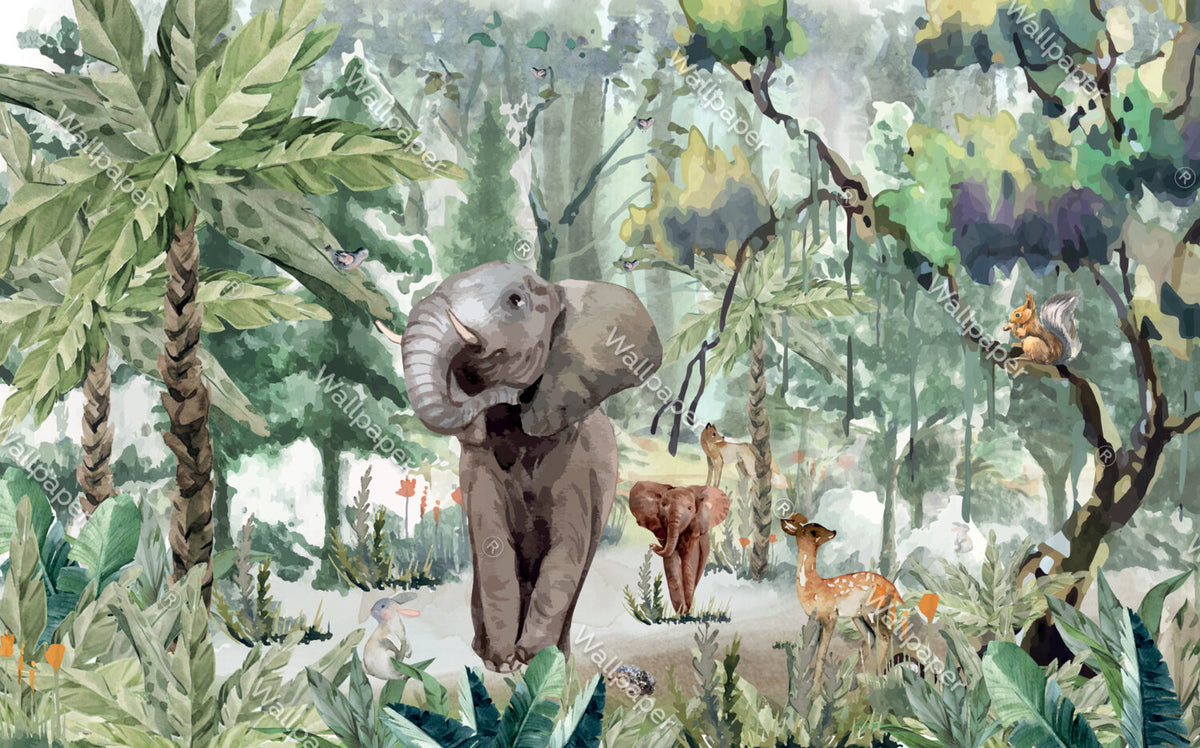 Jungle Elephant Wallpaper : Forest Animals Mural - flat design