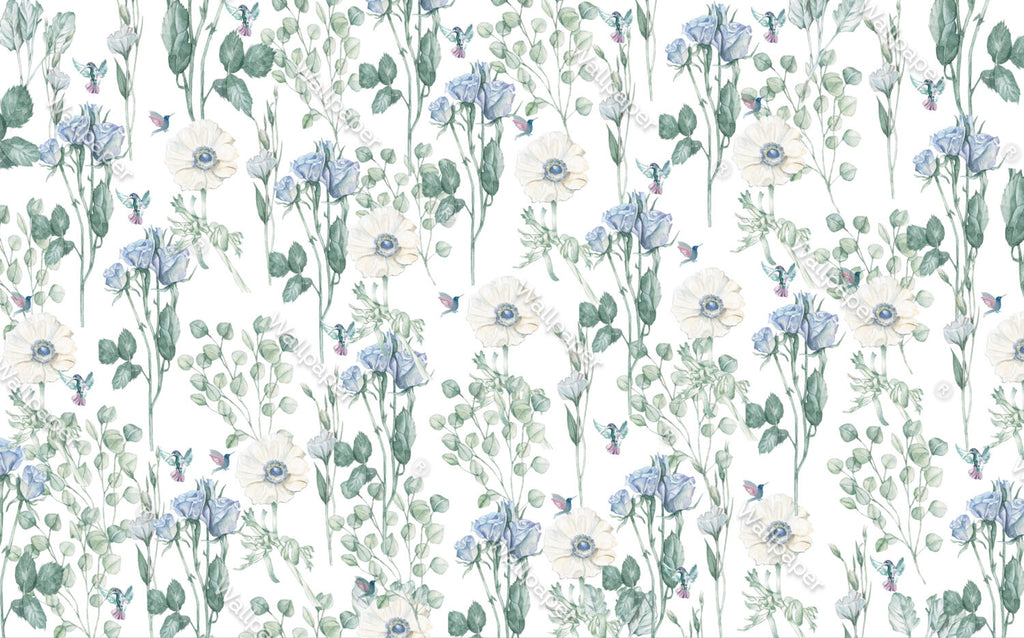 Blue Wildflower Bird Wallpaper : Botanical Hummingbird Pattern - flat design