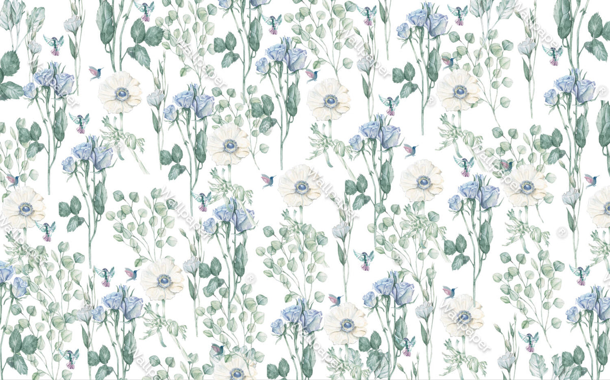 Blue Wildflower Bird Wallpaper : Botanical Hummingbird Pattern - flat design