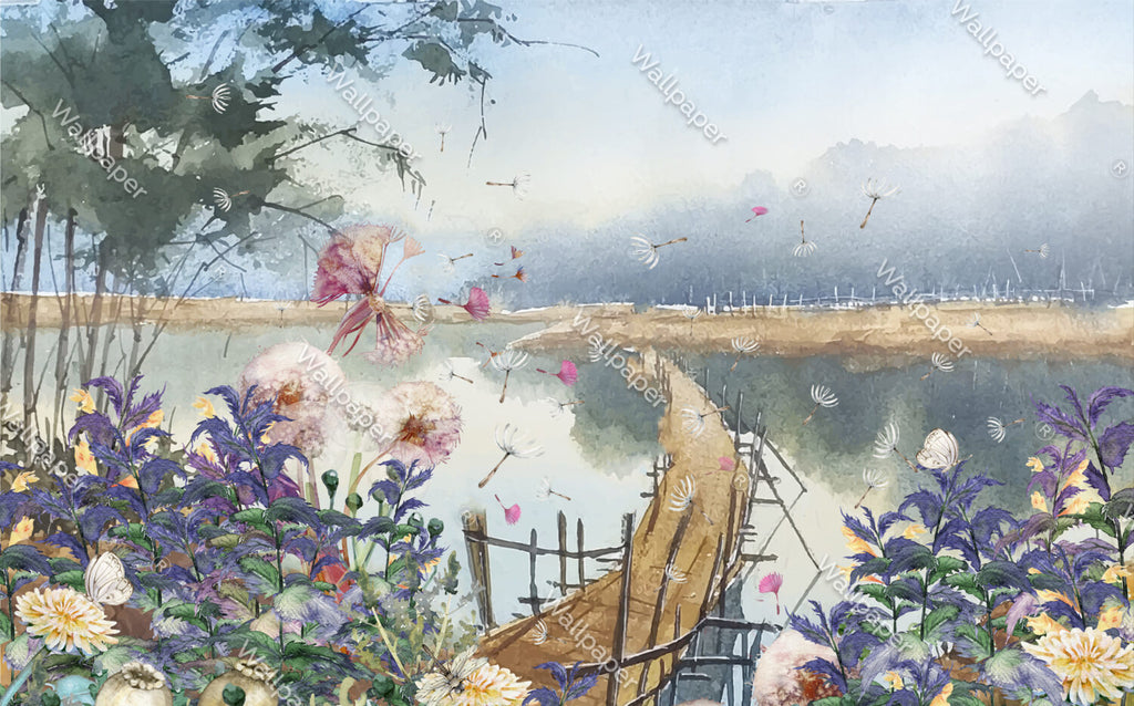 Lakeside Wildflower Wallpaper : Watercolor Landscape Mural - flat design