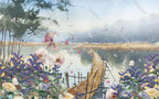 Lakeside Wildflower Wallpaper : Watercolor Landscape Mural - flat design