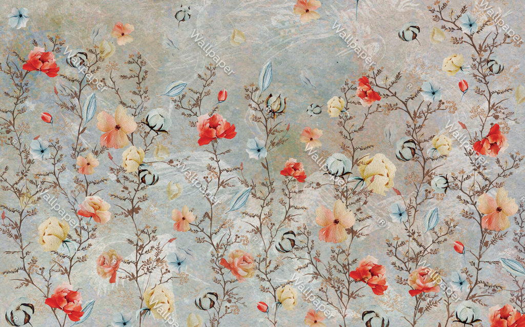 Red Poppy Branch Wallpaper : Colorful Floral Mural - flat design
