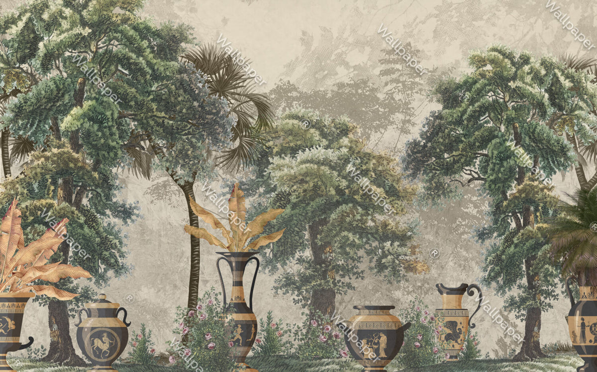 Vintage Tropical Urns Wallpaper : Antique Jungle Mural - flat design