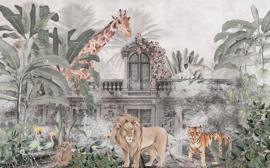 Ancient City Safari Wallpaper : Grey Ruins and Pink Roses Mural - View 2