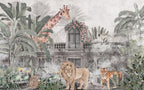 Ancient City Safari Wallpaper : Grey Ruins and Pink Roses Mural - View 2