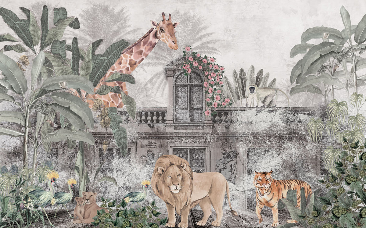 Ancient City Safari Wallpaper : Grey Ruins and Pink Roses Mural - View 2