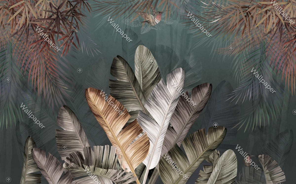 Silver Banana Leaf Wallpaper : Dark Tropical Mural - flat design