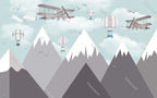 Snowy Mountain Airplanes Wallpaper : Grey Peaks Kids Mural - flat design