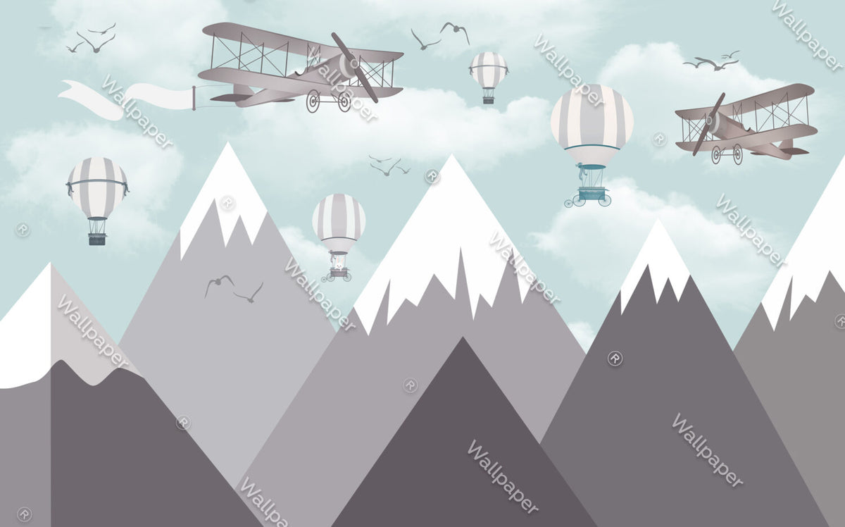 Snowy Mountain Airplanes Wallpaper : Grey Peaks Kids Mural - flat design