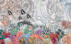Coral Reef Line Art Wallpaper : Colorful Ocean Mural - flat design