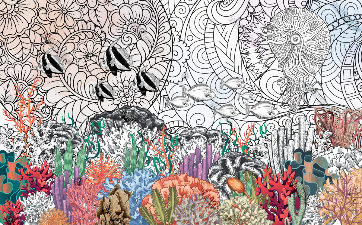 Coral Reef Line Art Wallpaper : Colorful Ocean Mural - flat design