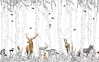 Birch Forest Deer Wallpaper : Woodland Animals Mural - flat design