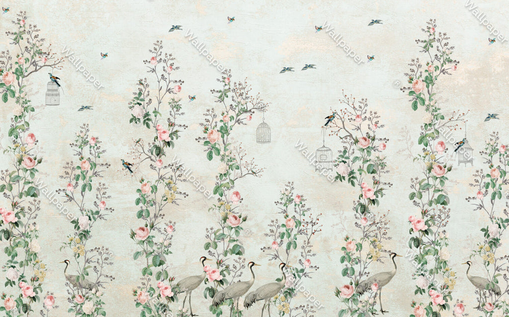 Birds On Blossom Wallpaper : Pale Rose Branch Mural - flat design